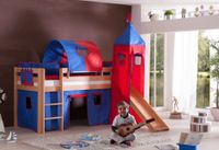 Halbhohes Spielbett ALEX mit Rutsche/Turm/Tunnel Buche massiv natur lackiert mit Stoffset blau/rot