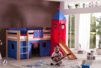 Halbhohes Spielbett ALEX mit Rutsche/Turm Buche massiv natur lackiert mit Stoffset blau/rot