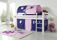 Halbhohes Spielbett ALEX Buche massiv weiß lackiert mit Stoffset Kleider Kleider/Violett
