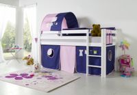 Halbhohes Spielbett ALEX Buche massiv weiß lackiert mit Stoffset Kleider Kleider/Violett