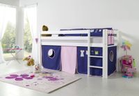 Halbhohes Spielbett ALEX Buche massiv weiß lackiert mit Stoffset Kleider Kleider/Violett