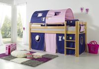 Halbhohes Spielbett ALEX Buche massiv natur lackiert mit Stoffset Kleider Kleider/Violett