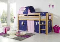 Halbhohes Spielbett ALEX Buche massiv natur lackiert mit Stoffset Kleider Kleider/Violett