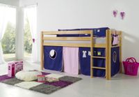 Halbhohes Spielbett ALEX Buche massiv natur lackiert mit Stoffset Kleider Kleider/Violett