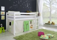 Halbhohes Spielbett ALEX Buche massiv weiß lackiert mit Stoffset Vorhang Dschungel