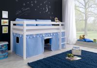Halbhohes Spielbett ALEX Buche massiv weiß lackiert mit Stoffset Vorhang blau/boy