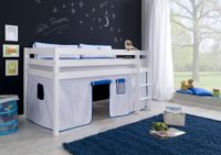 Halbhohes Spielbett ALEX Buche massiv weiß lackiert mit Stoffset Vorhang weiß/delfin