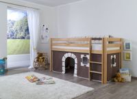 Halbhohes Spielbett ALEX Buche massiv natur lackiert mit Stoffset Vorhang Burg