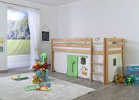 Halbhohes Spielbett ALEX Buche massiv natur lackiert mit Stoffset Vorhang Dschungel