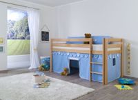 Halbhohes Spielbett ALEX Buche massiv natur lackiert mit Stoffset Vorhang blau/boy