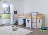 Halbhohes Spielbett ALEX Buche massiv natur lackiert mit Stoffset Vorhang weiß/delfin