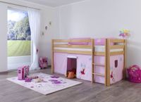 Halbhohes Spielbett ALEX Buche massiv natur lackiert mit Stoffset Vorhang Princess