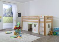 Halbhohes Spielbett ALEX Buche massiv natur lackiert mit Stoffset Vorhang Beige/Grün