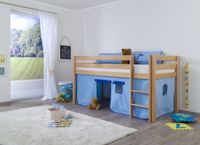 Halbhohes Spielbett ALEX Buche massiv natur lackiert mit Stoffset Vorhang blau/delfin
