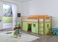 Halbhohes Spielbett ALEX Buche massiv natur lackiert mit Stoffset Vorhang grün/organge
