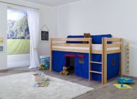 Halbhohes Spielbett ALEX Buche massiv natur lackiert mit Stoffset Vorhang blau/rot