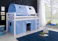 Halbhohes Spielbett ALEX Buche massiv weiß lackiert mit Stoffset blau/boy