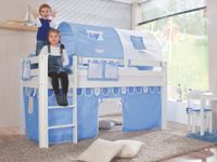 Halbhohes Spielbett ALEX Buche massiv weiß lackiert mit Stoffset blau/boy
