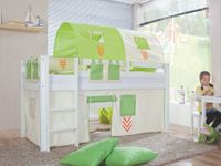 Halbhohes Spielbett ALEX Buche massiv weiß lackiert mit Stoffset Beige/Grün
