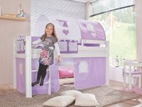 Halbhohes Spielbett ALEX Buche massiv weiß lackiert mit Stoffset purple/weiß/herz