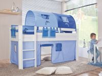 Halbhohes Spielbett ALEX Buche massiv weiß lackiert mit Stoffset blau/delfin