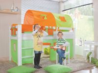 Halbhohes Spielbett ALEX Buche massiv weiß lackiert mit Stoffset grün/orange