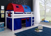 Halbhohes Spielbett ALEX Buche massiv weiß lackiert mit Stoffset blau/rot