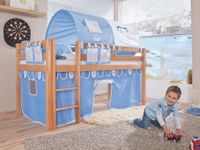Halbhohes Spielbett ALEX Buche massiv natur lackiert mit Stoffset blau/boy
