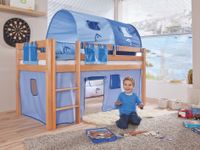 Halbhohes Spielbett ALEX Buche massiv natur lackiert mit Stoffset blau/delfin