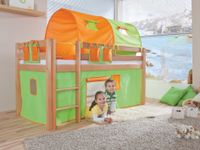 Halbhohes Spielbett ALEX Buche massiv natur lackiert mit Stoffset grün/orange