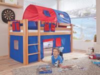 Halbhohes Spielbett ALEX Buche massiv natur lackiert mit Stoffset blau/rot