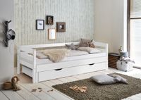 Funktionsbett Emilia - ca. 90 / 180 x 200 cm, Buche massiv, weiß lackiert, inkl. Bettschublade