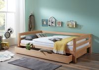 Einzelbett Nora, 120x200 cm, mit Bettkasten 90x190 cm, Buche massiv natur lackiert