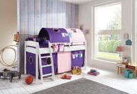 Halbhohes Bett MICHELLE 90 x 200 cm Buche massiv weiß lackiert, mit Textilset Vorhang, 2-Tunnel, Tasche rosa/violett-Kleider