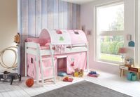 Halbhohes Bett MICHELLE 90x200 cm, Buche massiv weiß, inkl. Textilset (Vorhang, 2 Tunnel) Princess