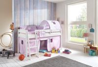 Halbhohes Bett MICHELLE 90x200 cm, Buche massiv weiß, inkl. Textilset (Vorhang) purple/weiß/herz