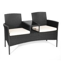 COSTWAY Polyrattan Gartenbank, 2-Sitzer Gartenmöbel Set mit Tisch & Kissen, Weiß