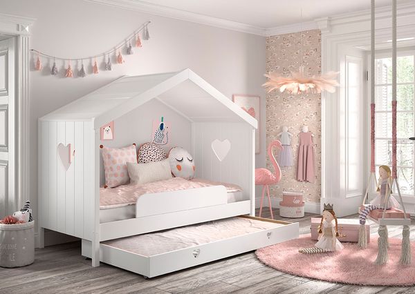 Hausbett Amori mit Absturzschutz, 90x200 cm, Rolllattenrost und Bettschublade, Kiefer und MDF weiß
