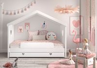 Hausbett Amori mit Absturzschutz, 90x200 cm, Rolllattenrost und Bettschublade, Kiefer und MDF weiß
