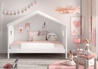 Hausbett Amori mit Absturzschutz, 90x200 cm, inkl. Rolllattenrost, Kiefer und MDF weiß lackiert