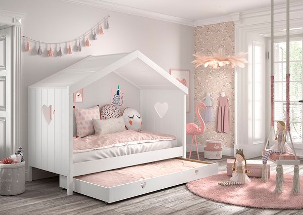 Hausbett Amori mit 90x200 cm, inkl. Rolllattenrost und Bettschublade, Kiefer und MDF weiß lackiert