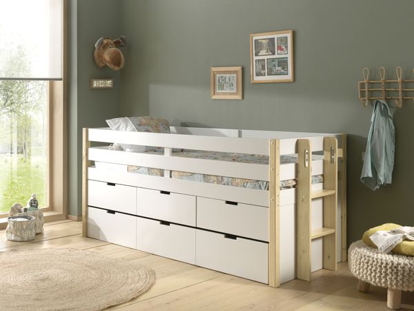 Halbhohes Margrit Bett mit Rolllattenrost, inkl. Bettschublade auf Rollen, 