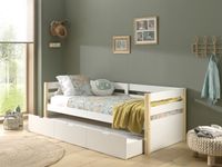 Kojen Bett Margrit mit Rolllattenrost, 90x200, Bettschublade auf Rollen, Weiß/Natur lackiert