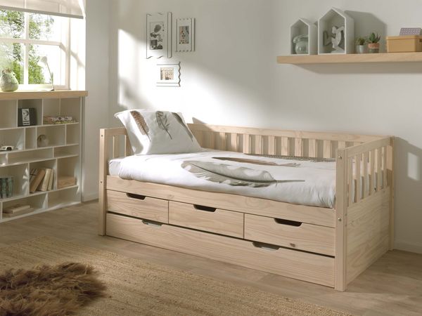 Kojen Bett Fritz mit Sprossen, 3 Schubladen, Rolllattenrost, 90x200, mit Bettschublade, Milky White