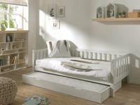 Kojen Bett Fritz mit Sprossenumrandung u. Rolllattenrost, 90x200, mit Bettschublade, Weiß lackiert