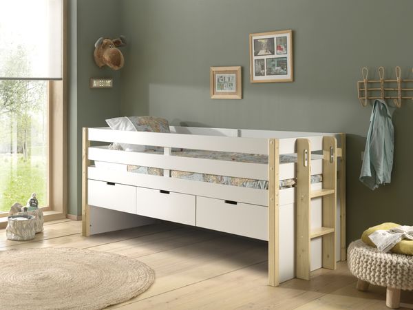 Halbhohes Margrit Bett mit Rolllattenrost, 90x200, inkl. 3 Schubladen, Ausf. Weiß/Natur lackiert
