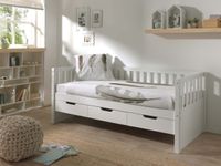 Kojen Bett Fritz mit Sprossenumrandung, 3 Schubladen u. Rolllattenrost, Liegefläche 90 x 200, Ausf. Weiß lackiert