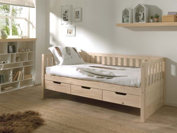 Kojen Bett Fritz mit Sprossenumrandung, 3 Schubladen u. Rolllattenrost, 90x200, Ausf. Milky White