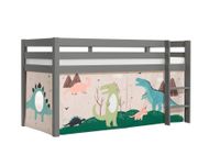 Halbhohes Bett PINO, mit Textilset "Dino", Ausf. Kiefer massiv grau lackiert