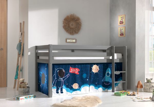 Halbhohes Bett PINO, mit Textilset "Space Shuttle", Ausf. Kiefer massiv grau lackiert